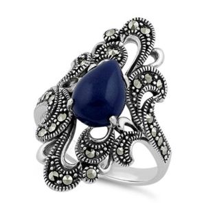 Sterling Silver Pear Shape Blue Lapis Marcasite Ring